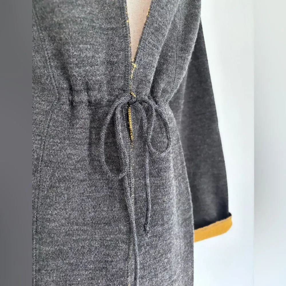 REVUE Wool Blend Long Sweater Gray and Yellow Tie Front
